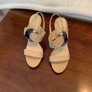 Butter Patrice Heel in Nude Nappa with multi color buckle accent size 5.5